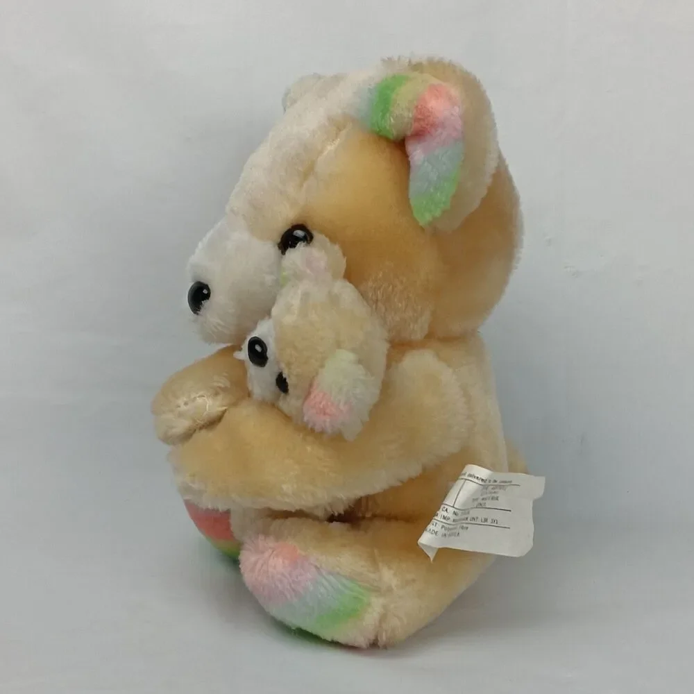 Mama Bear Hugging Baby Bear Plush Tan Pastel Rainbow Soft Stuffed Teddy Toy